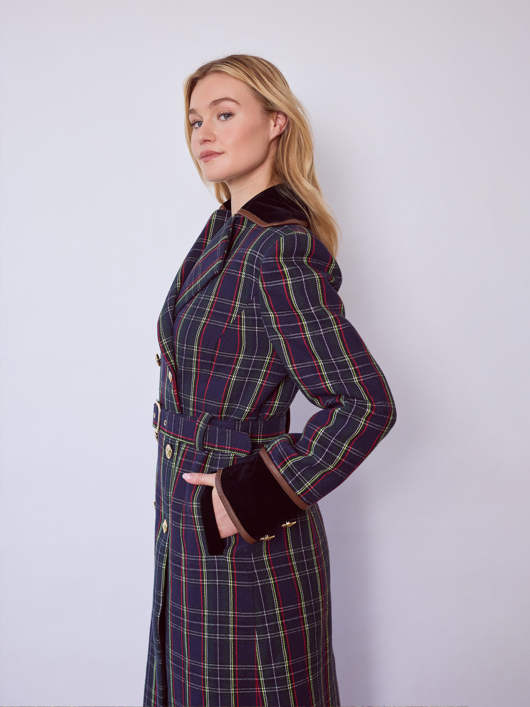 Catherine Blue Tartan Tailored Trench Coat