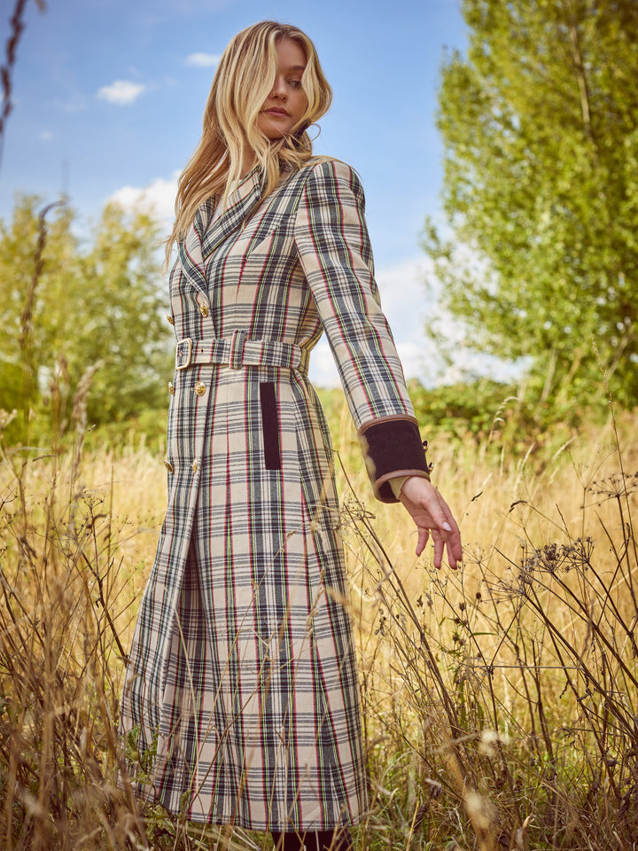 Catherine Neutral Tartan Tailored Trench